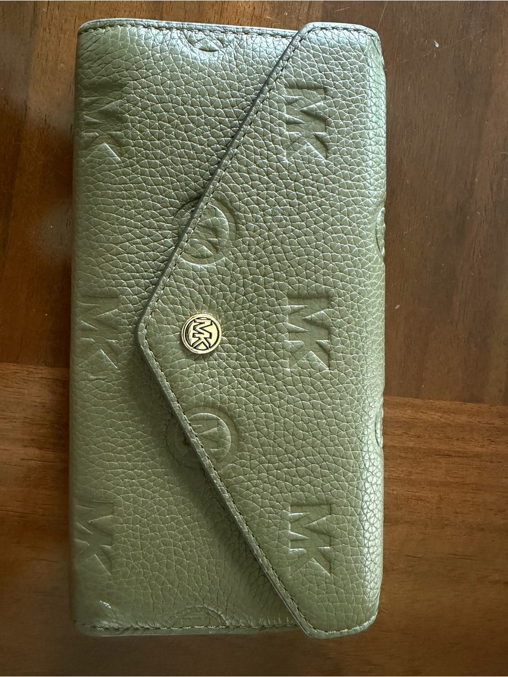 Michael Kors Olive Green Embossed Leather Envelope Wallet with Gold Logo